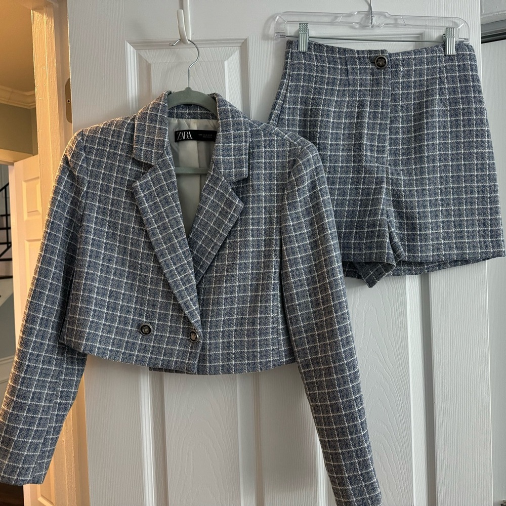 Zara Cropped Tweed Blazer and Matching Shorts Blue Size Small Both Pieces